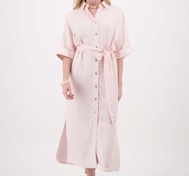 linnen wijde doorknoopjurk met korte mouw | soft pink