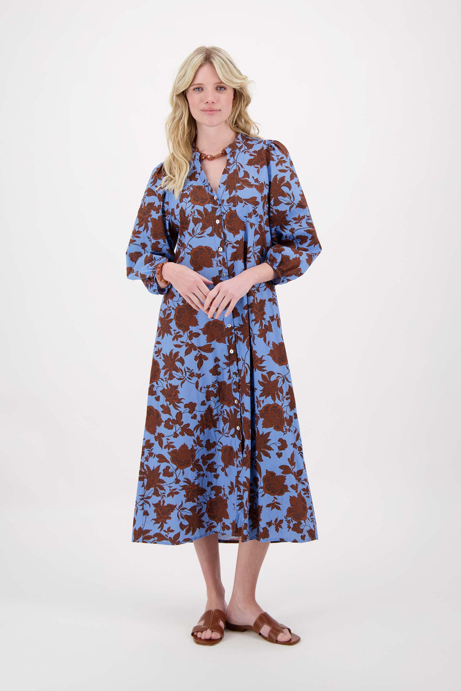pofmouw jurk met ikat bloem print | blue / brown