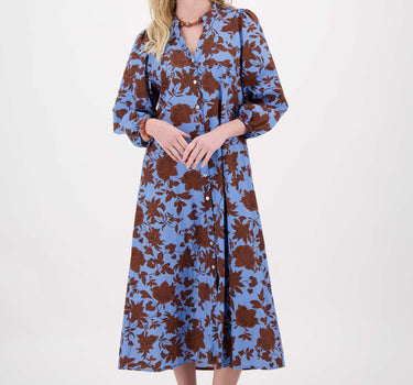 Kleid mit Puffärmeln und Ikat-Blumenmuster | blau / braun