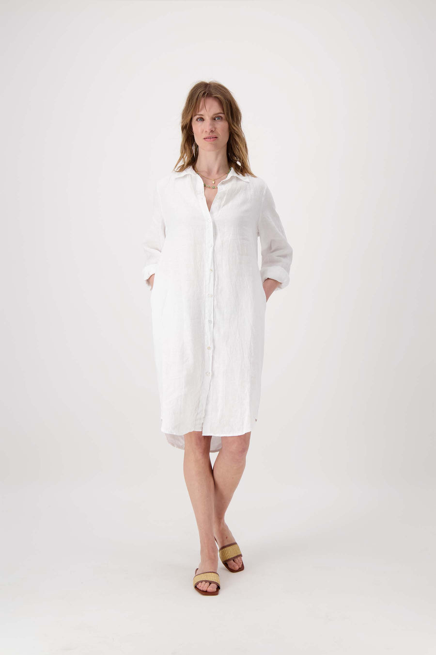 button-through dress in linen | white