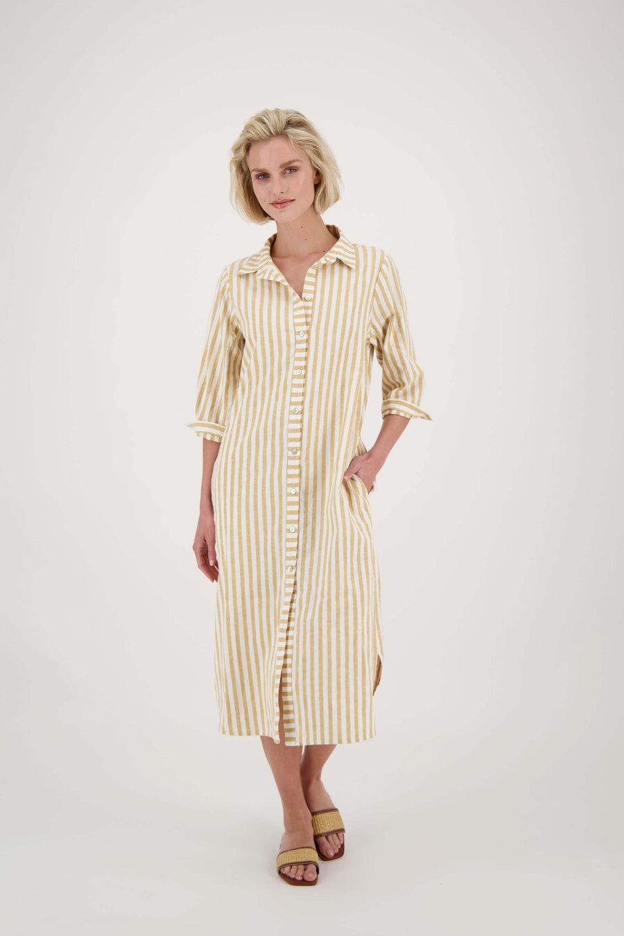 linen striped dress | off-white / taupe