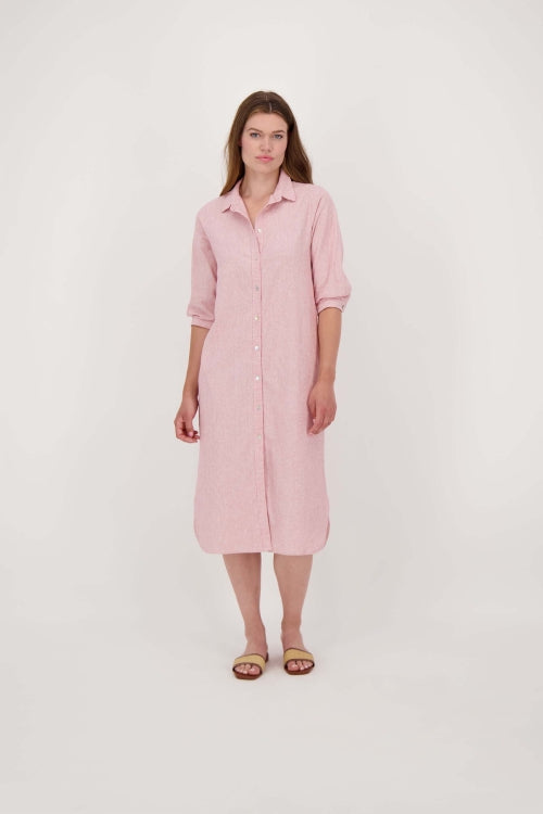 linnen jurk fijne streep | wit / rood