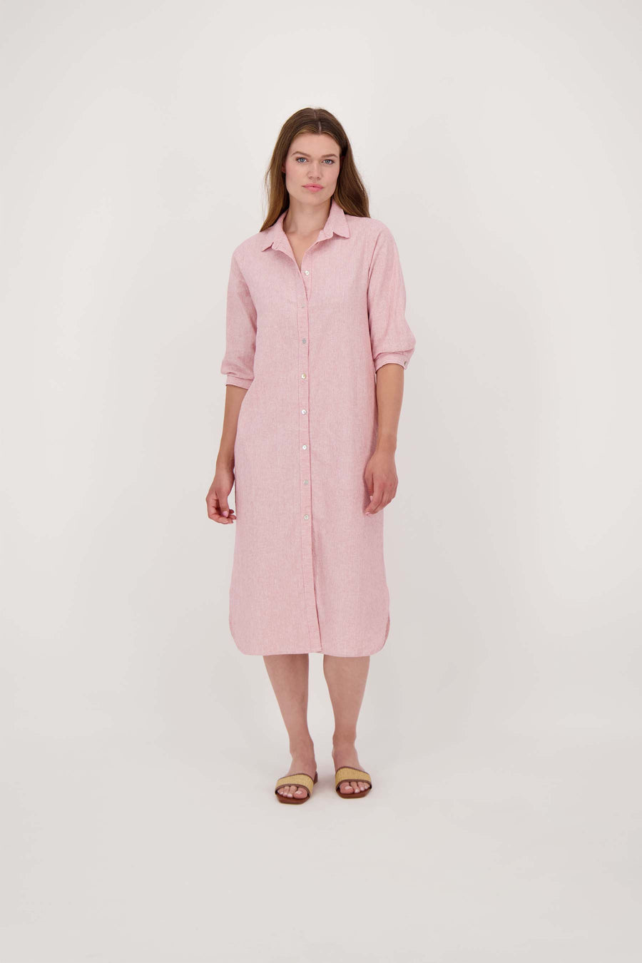 linen dress with fine stripes | white / red