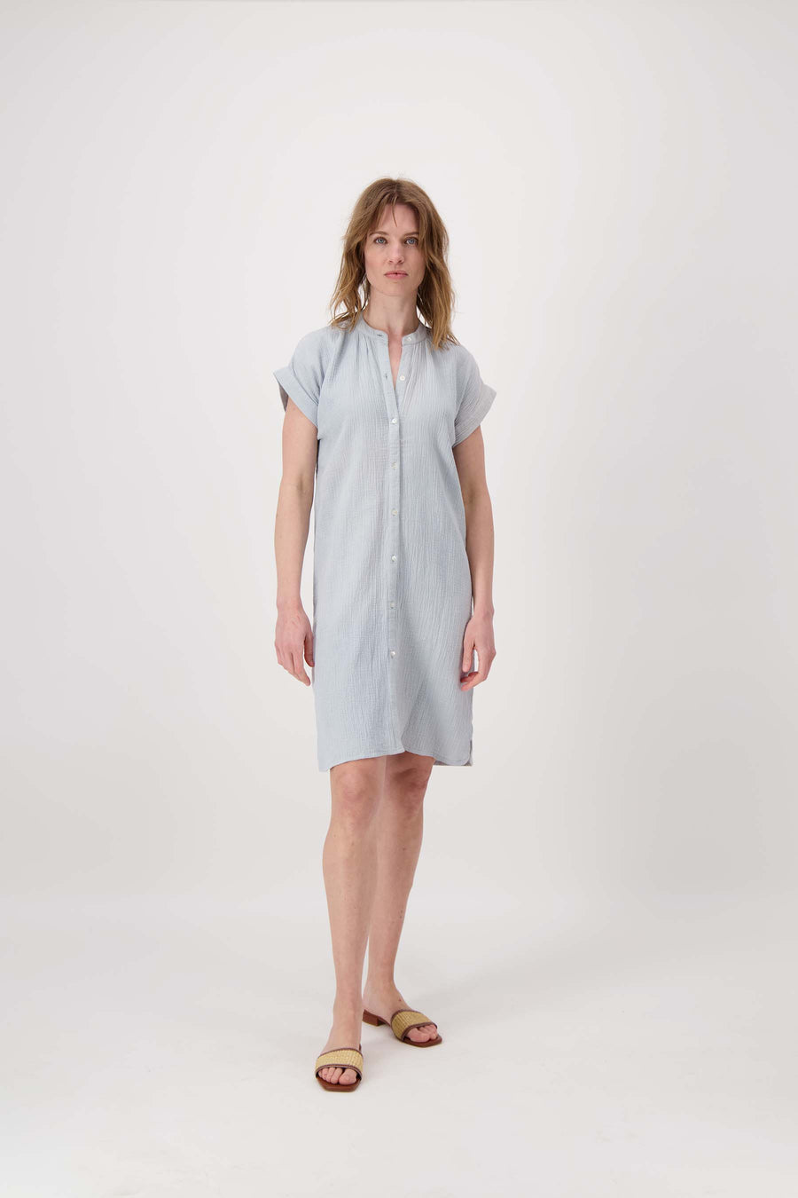 mousseline doorknoop jurk | vergrijsd blauw