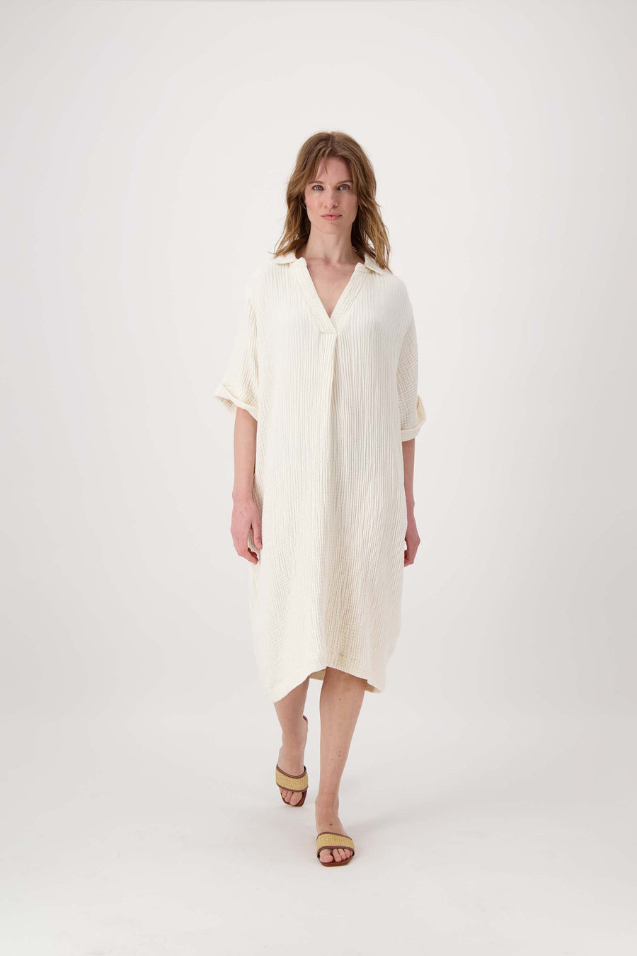 Mousseline-Kleid mit Kragen | Off-White