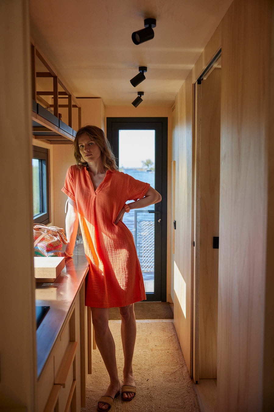 Mousseline-Kleid mit Kragen | orange