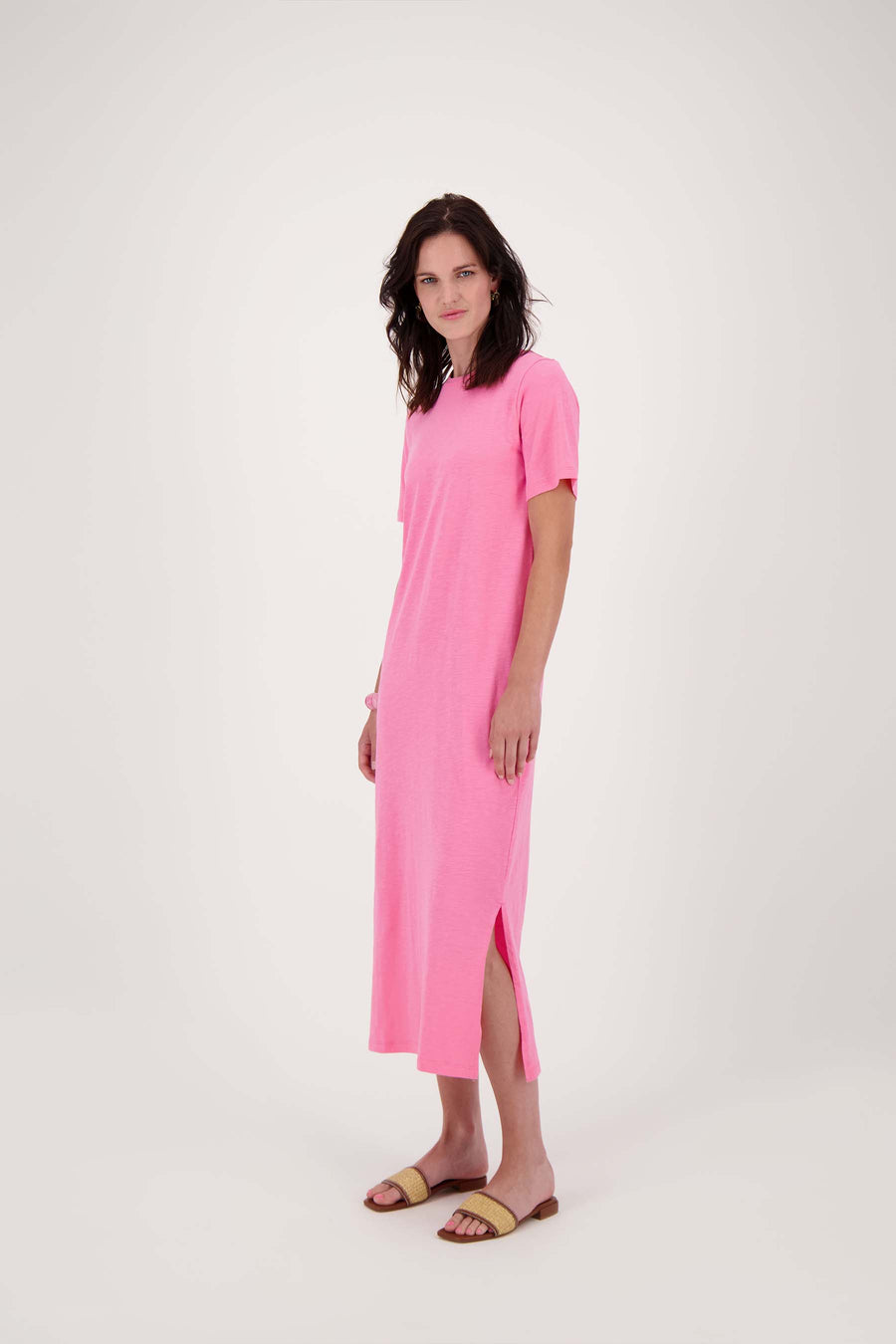 long t-shirt dress with slit | bright pink