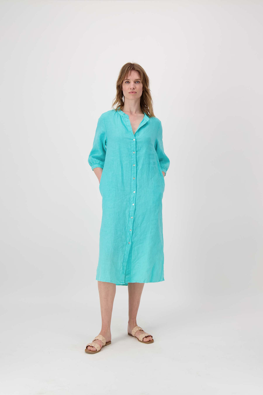 long linen button-through dress | turquoise