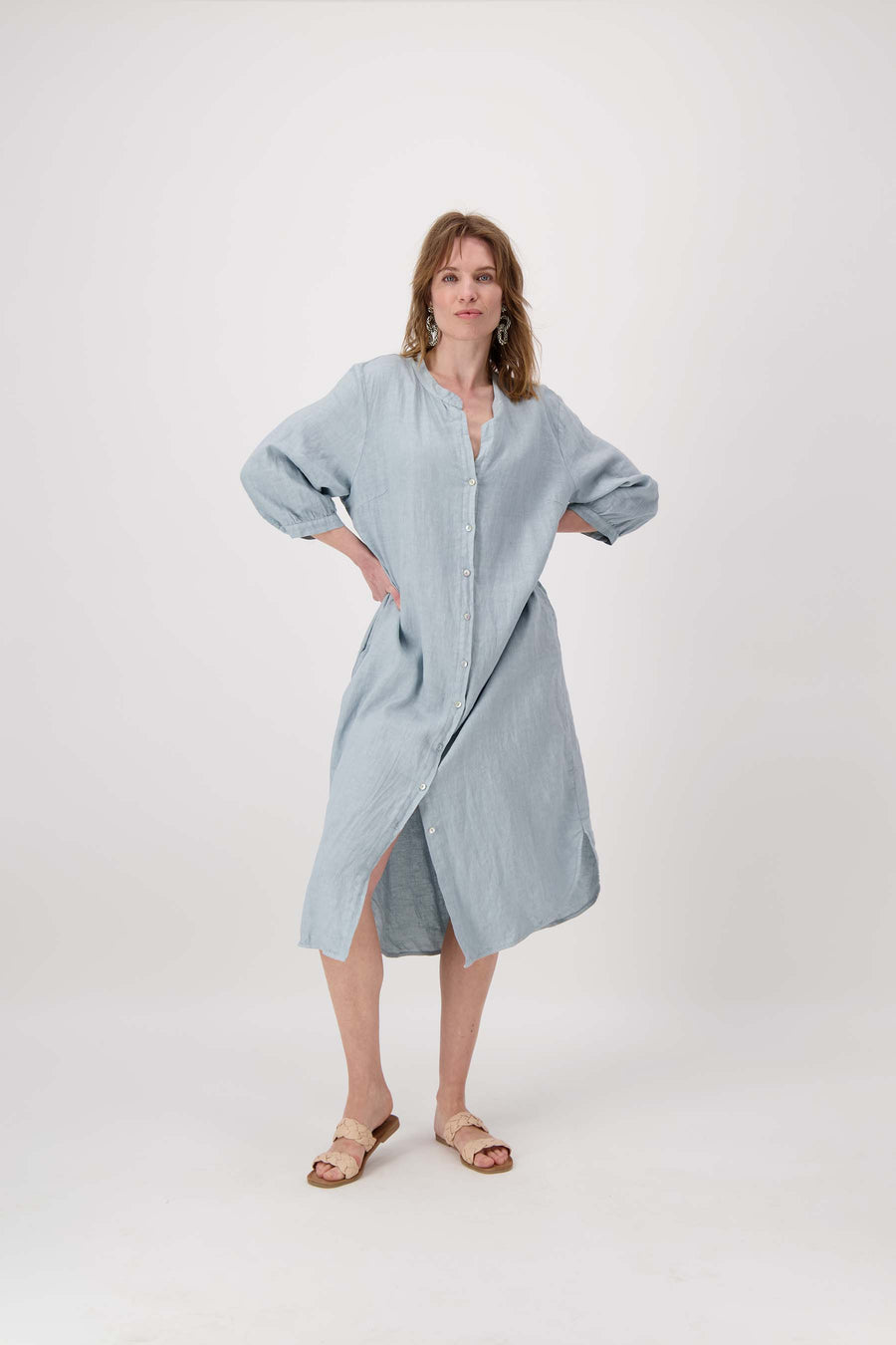 long linen button-through dress | grayish blue