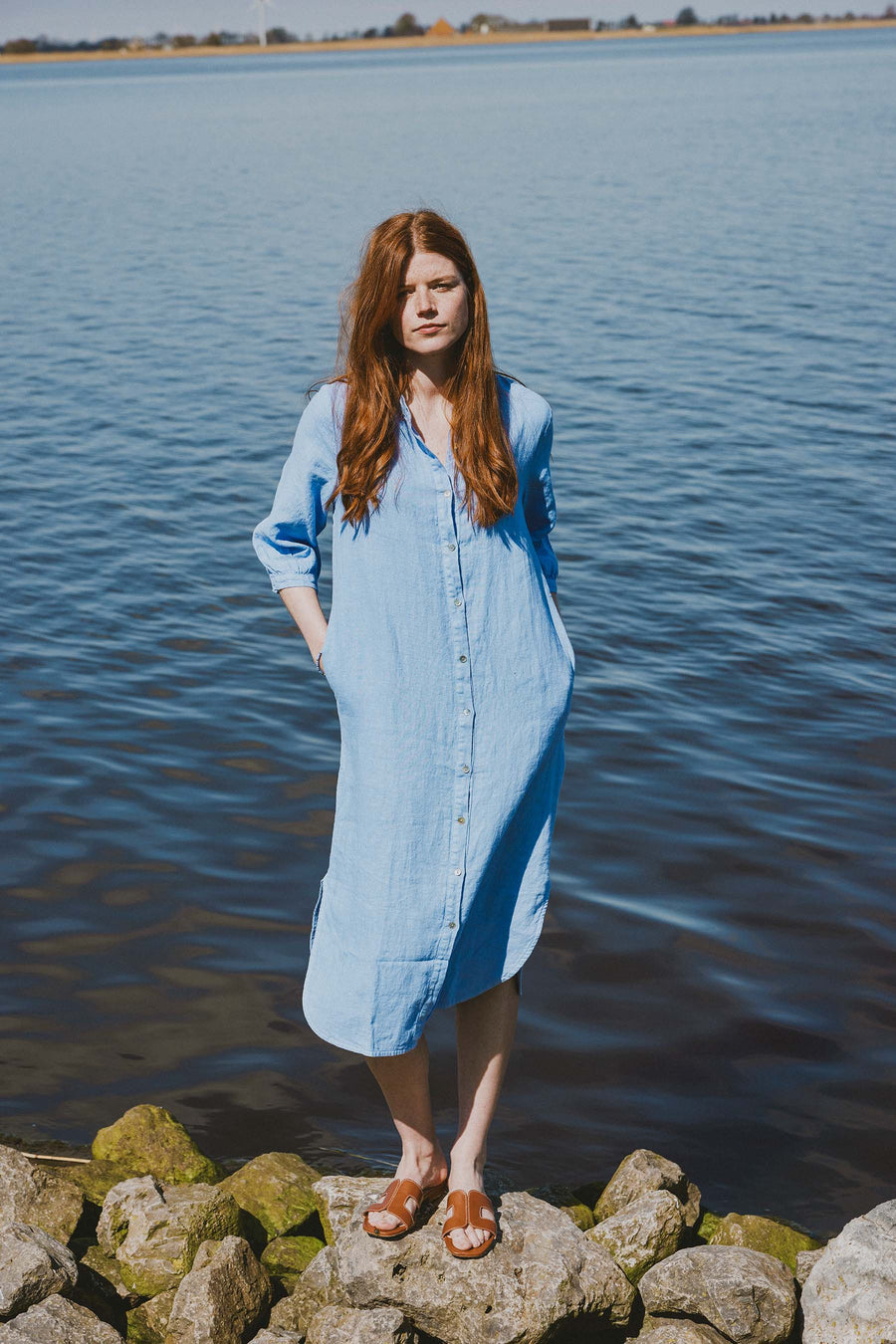 long linen button-through dress | lavender blue