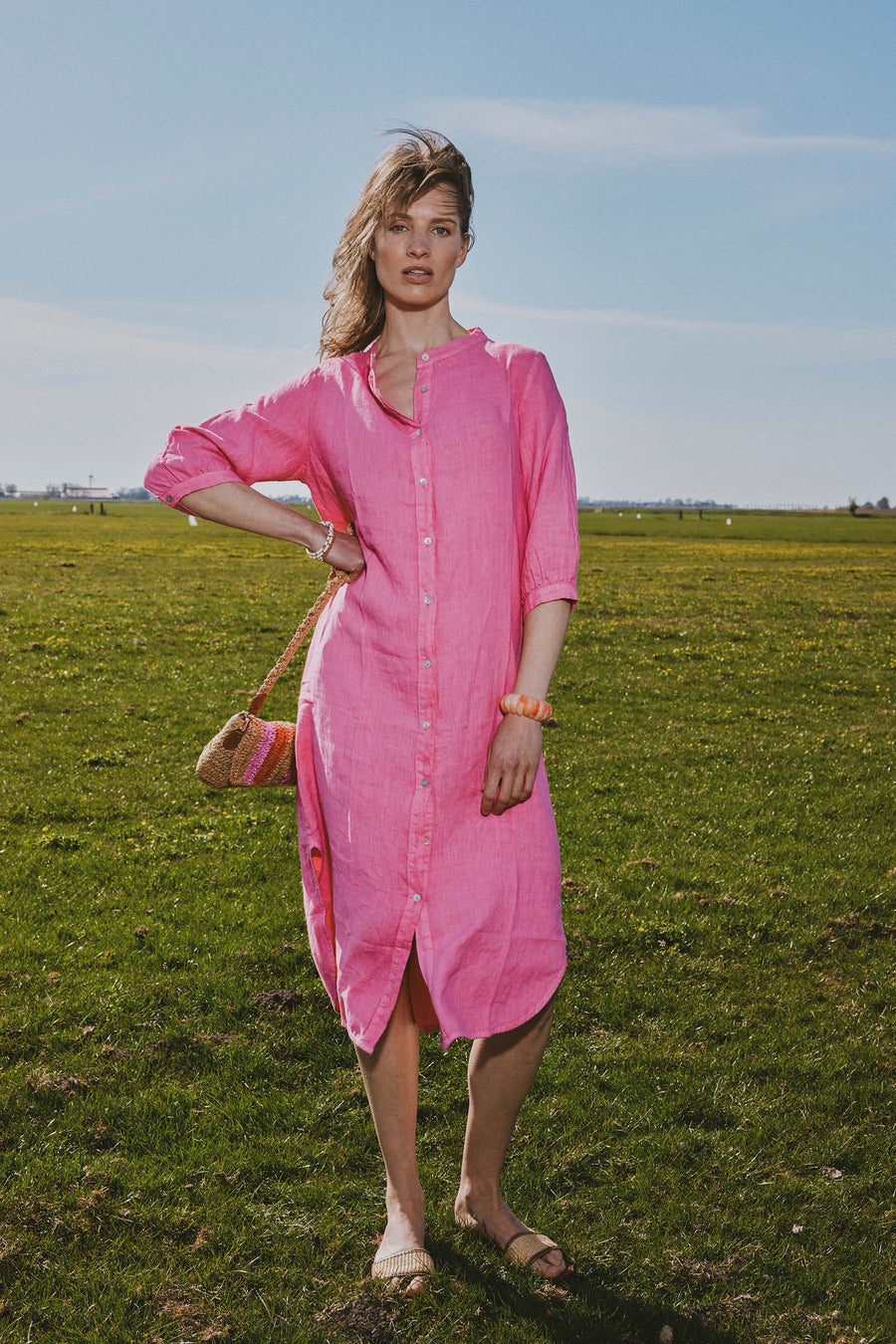 long linen button-through dress | bright pink