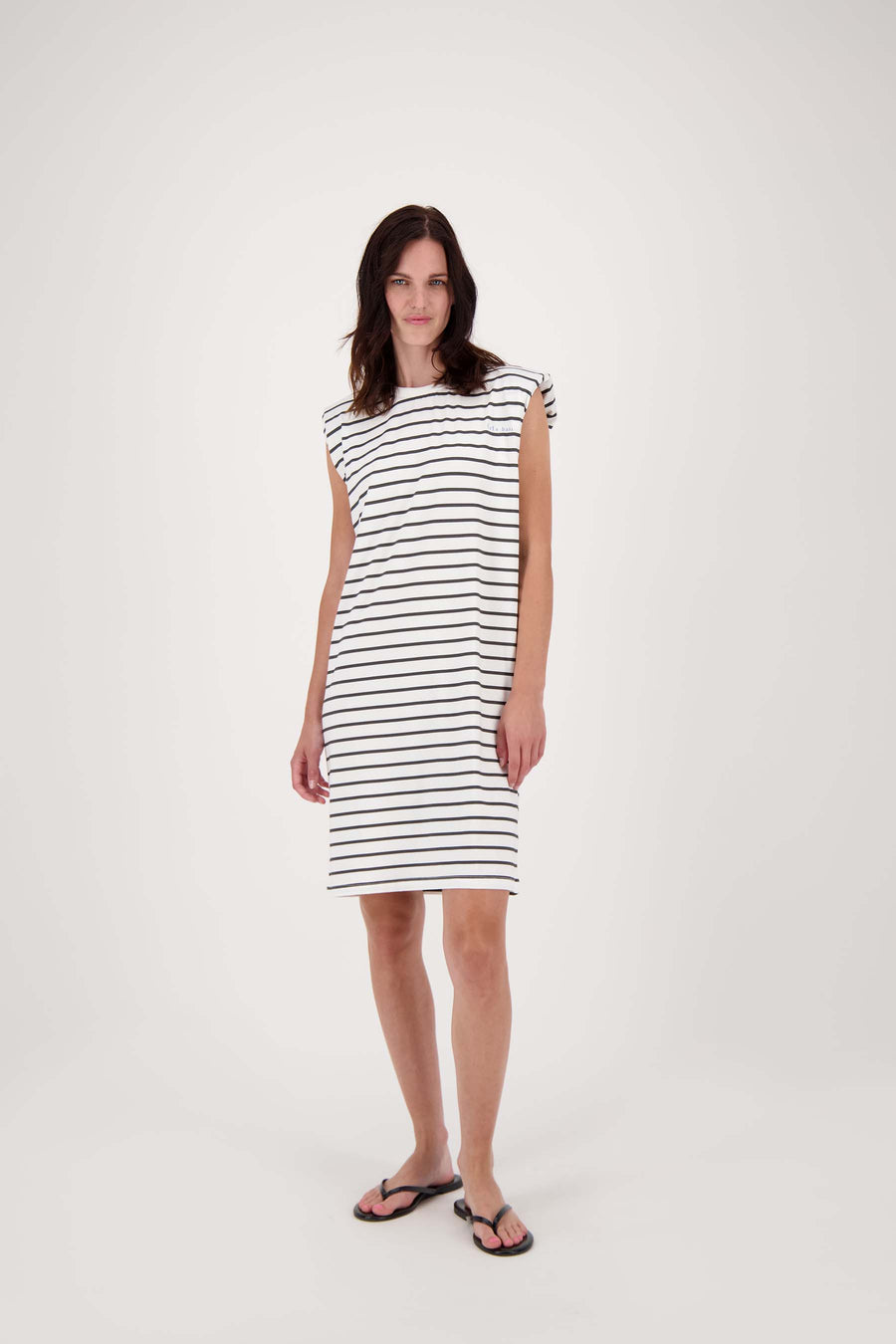 jersey striped dress with shoulder pads | off white / black
