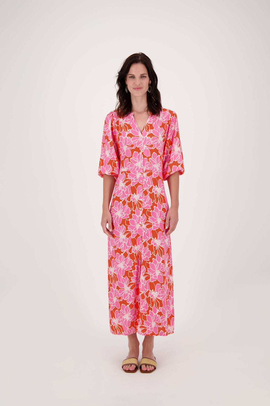 dress with floral print | bright pink / orange