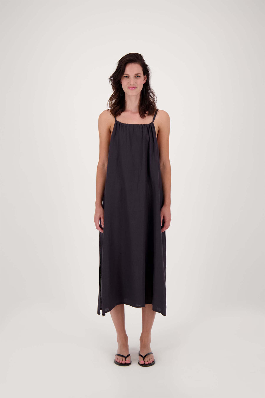 long linen strap dress | black