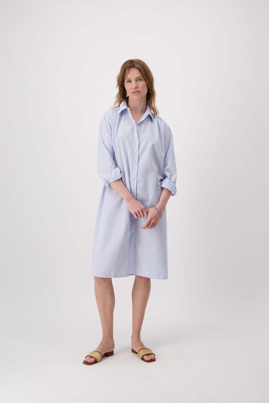 seersucker striped blouse dress | white / light blue