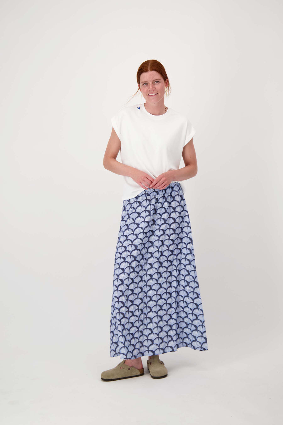 long skirt with fan print | summer navy/lavender blue/off-white