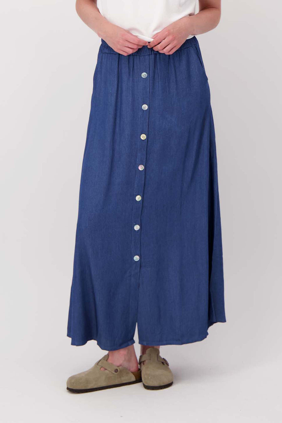 gestreepte tencel denim rok | mid blue denim