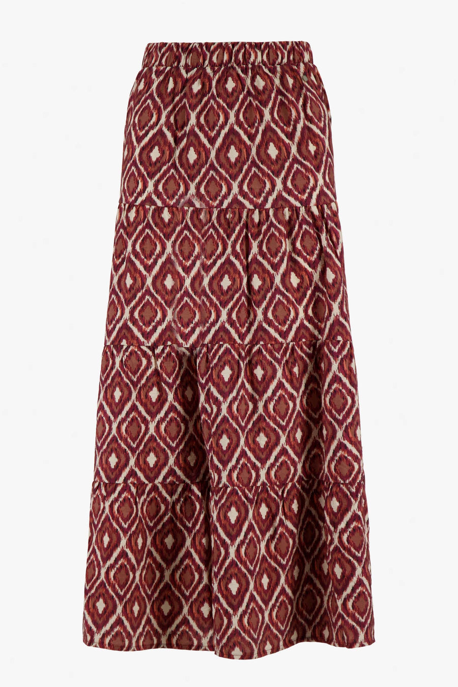 lange strokenrok met ikat print | zand / roodbruin
