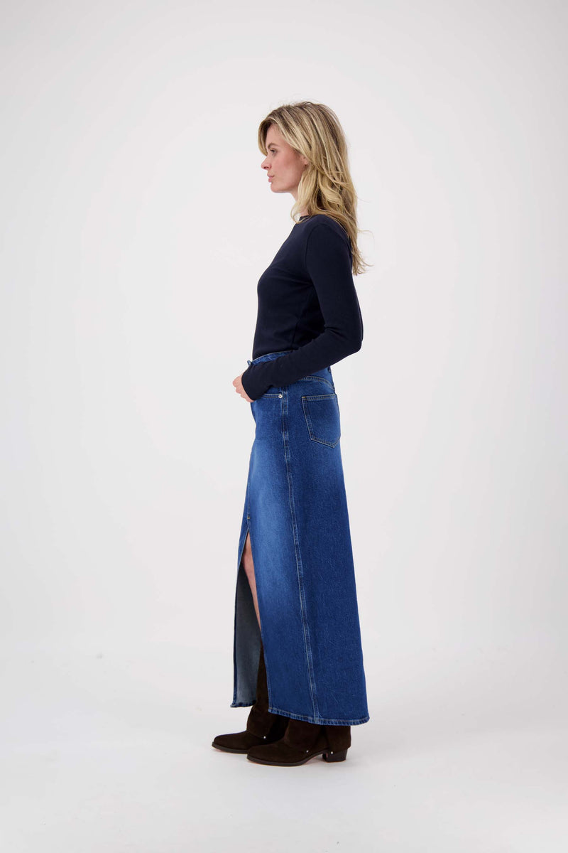 lange denim stretch rok | mid blue denim