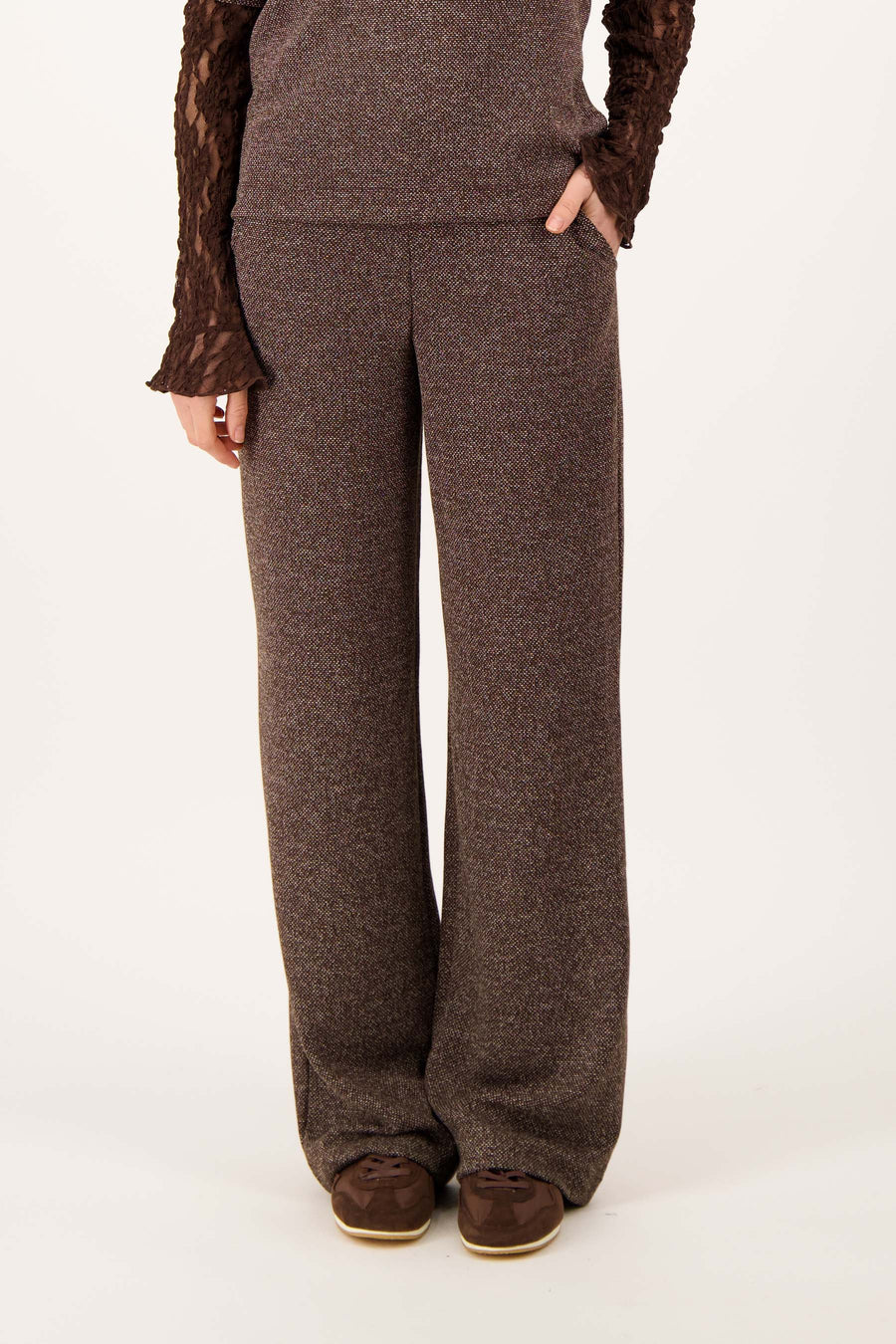 tweed stretch broek met naad middenvoor | dark choco