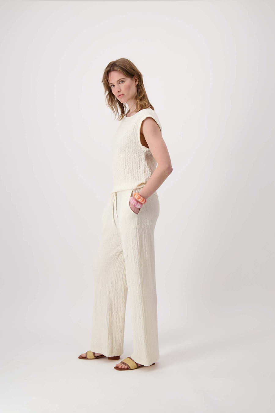 broek van crinkle stof | off white