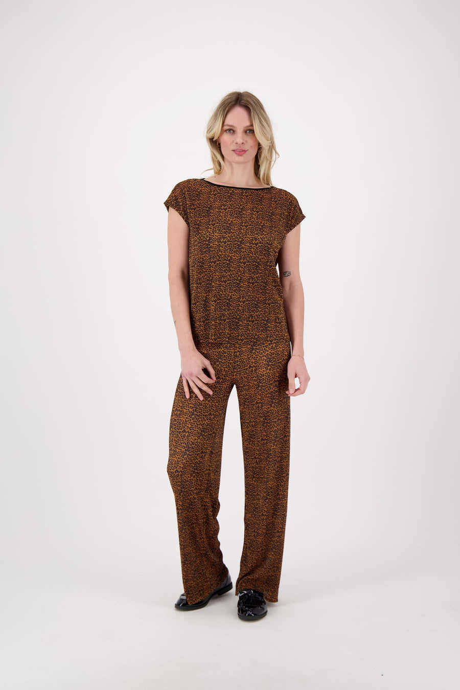 plisse broek met panterprint | camel