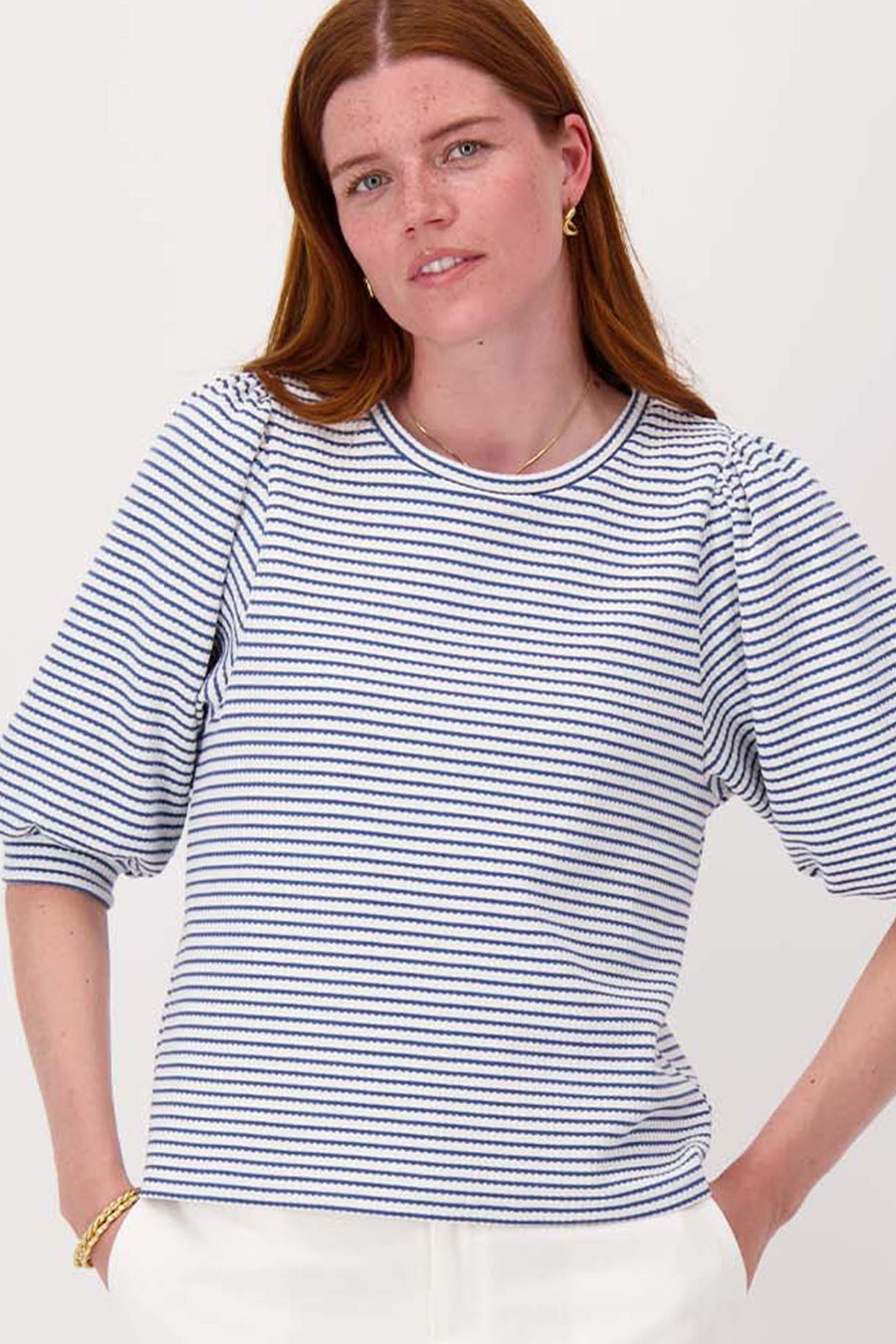 top met ballon mouw in streep | summer navy / off white