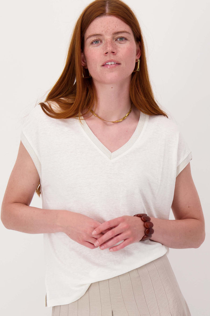 V-neck top with lurex trim | off-white