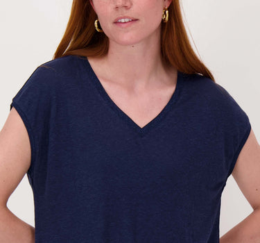 V-Ausschnitt-Top mit Lurex-Bordüre | Sommer-Marineblau