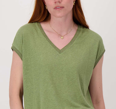 V-neck top with lurex trim | light moss green