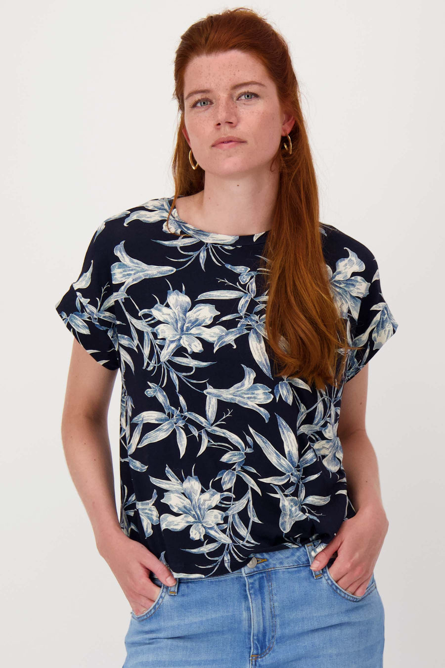 jersey top met bloemprint | summer navy / off white