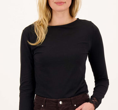 boothals top 3/4 mouw met kanten rand | black