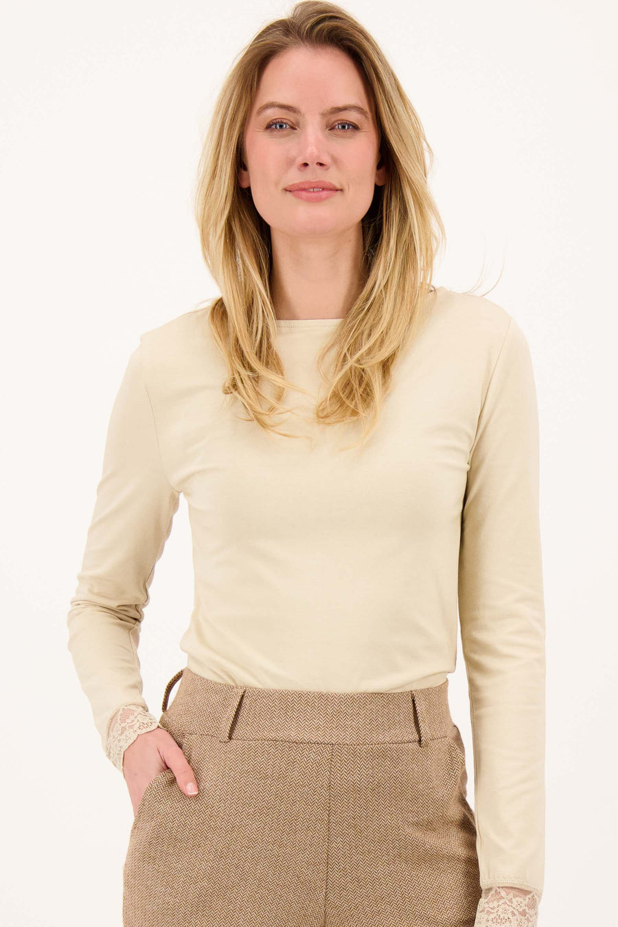 boothals top 3/4 mouw met kanten rand | grey oyster