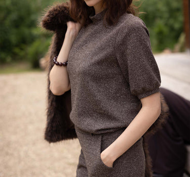 tweed stretch turtle top | dark choco