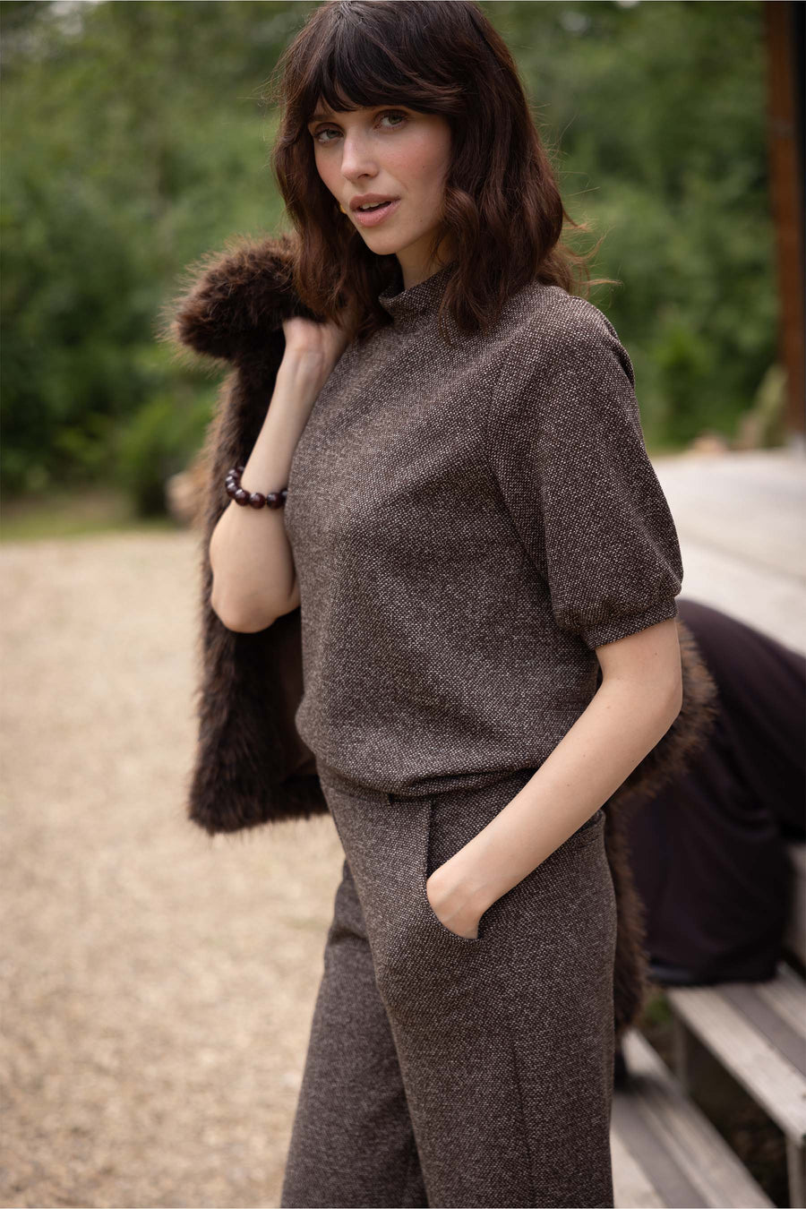 tweed stretch turtle top | dark choco