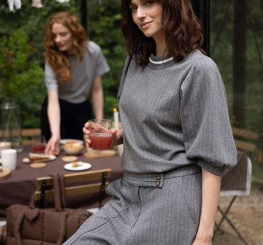 Pinstriped Round-Neck Top | Gray Melange