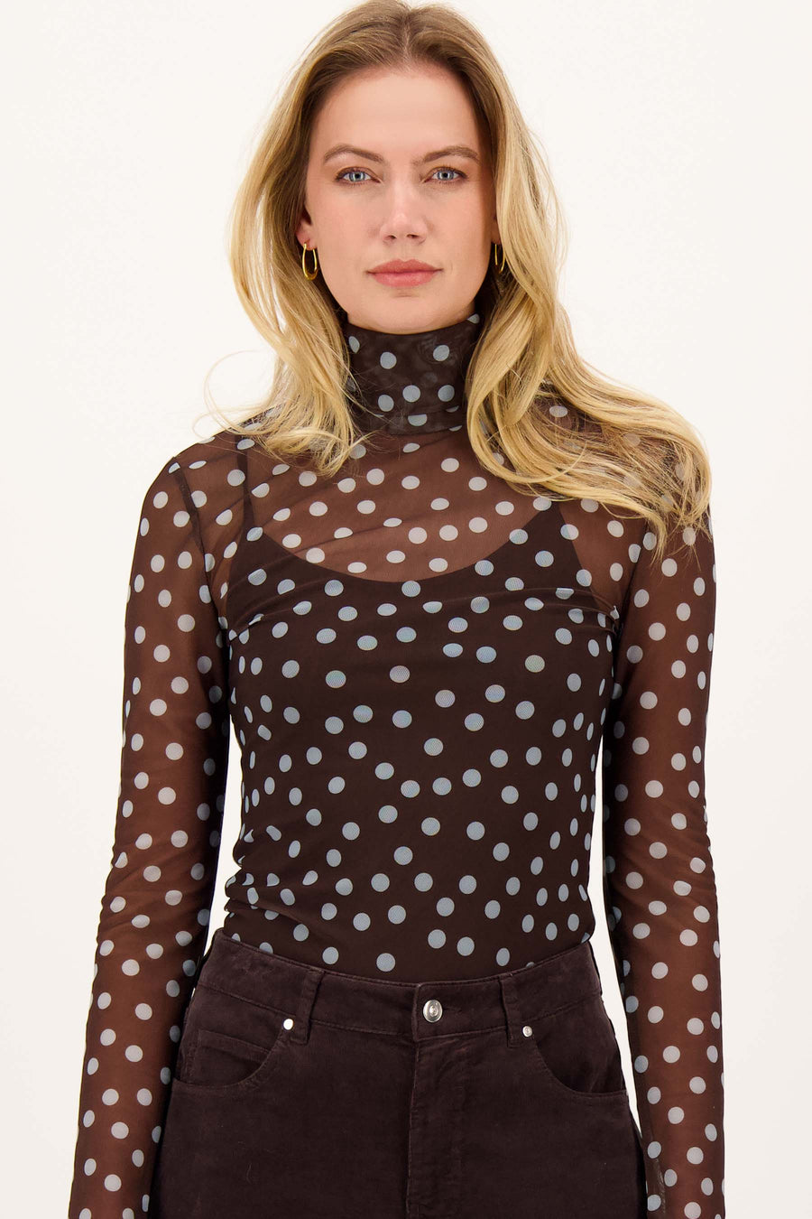 Mesh Top met Stippenprint | dark choco / winter breeze
