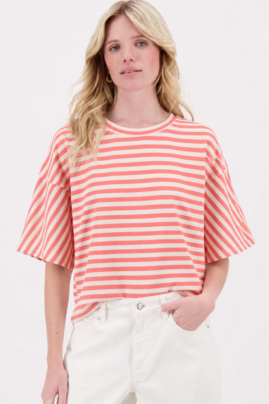 Gestreept sweatshirt met details | light pink/ salmon stripe