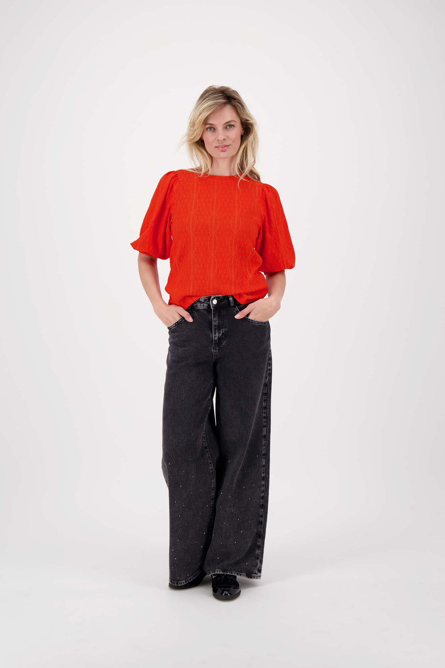 top van broderie korte mouw | oranjerood