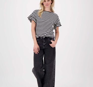 Striped T-shirt with butterfly sleeves | off-white / black