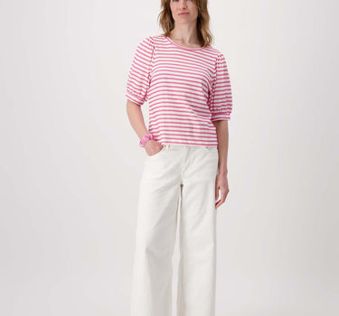 puff sleeve top with stripes | bright pink / white