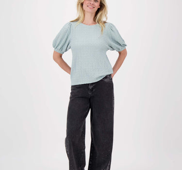 puff sleeve top in crinkle fabric | grayish blue