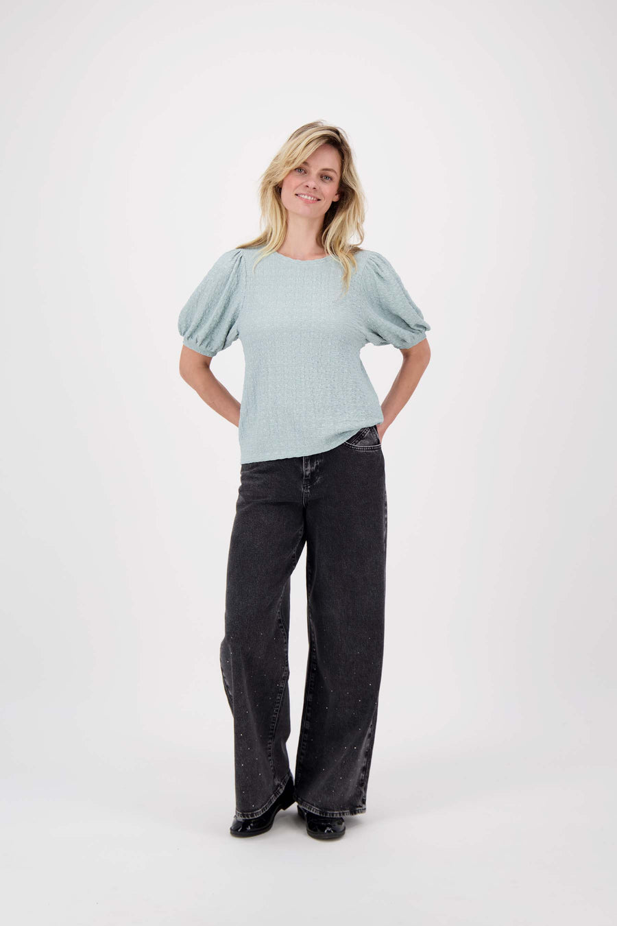 pofmouw top van crinkle stof | vergrijsd blauw