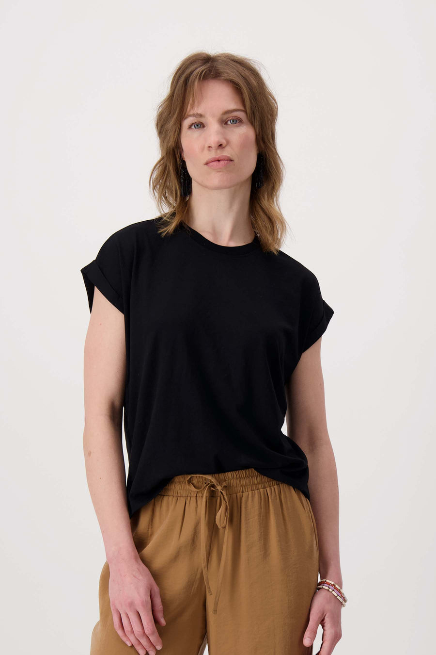 jersey top opgerolde mouw | zwart