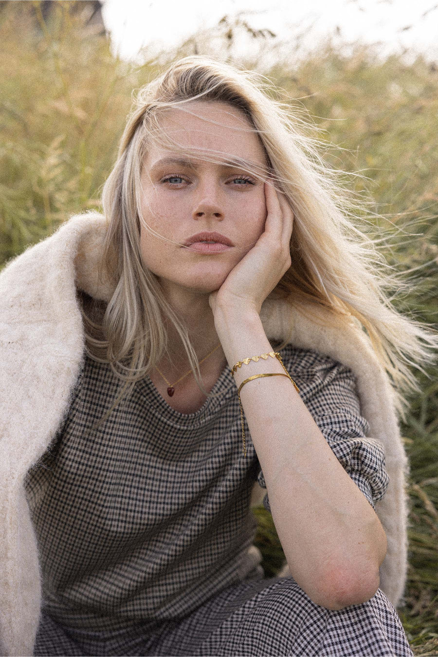 geruite top met pofmouw | kit / mid brown