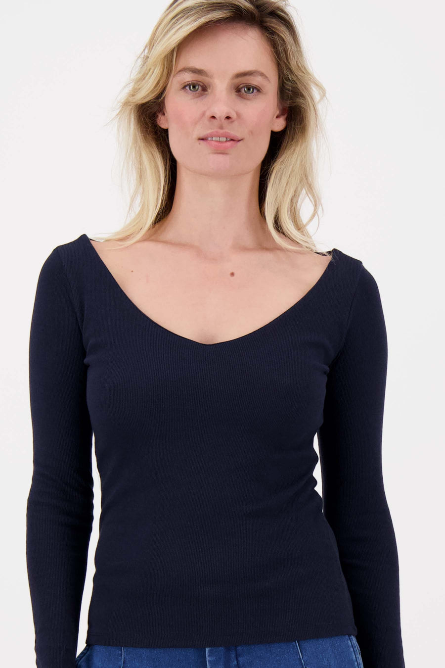 basic rib V hals top met stretch | navy