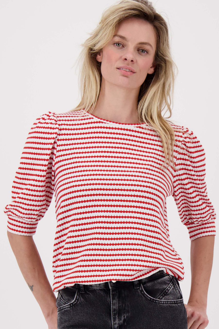 Puffärmel-Top mit Streifen aus strukturiertem Material | Off-White/Rot