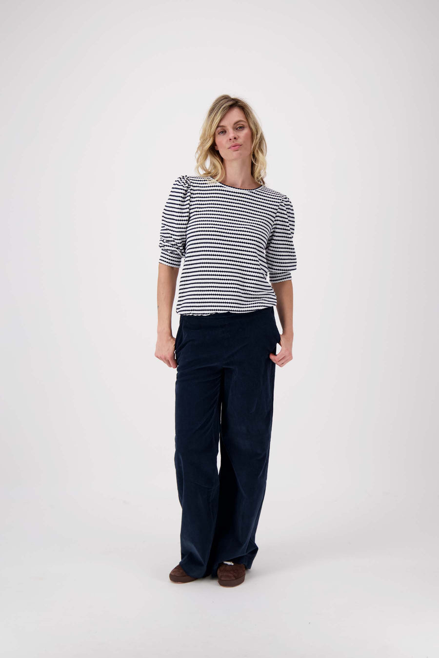 Puffärmel-Top mit Streifen aus strukturiertem Material | Off-White/Navy