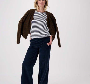 puff sleeve top with stripes in textured material | off-white / navy