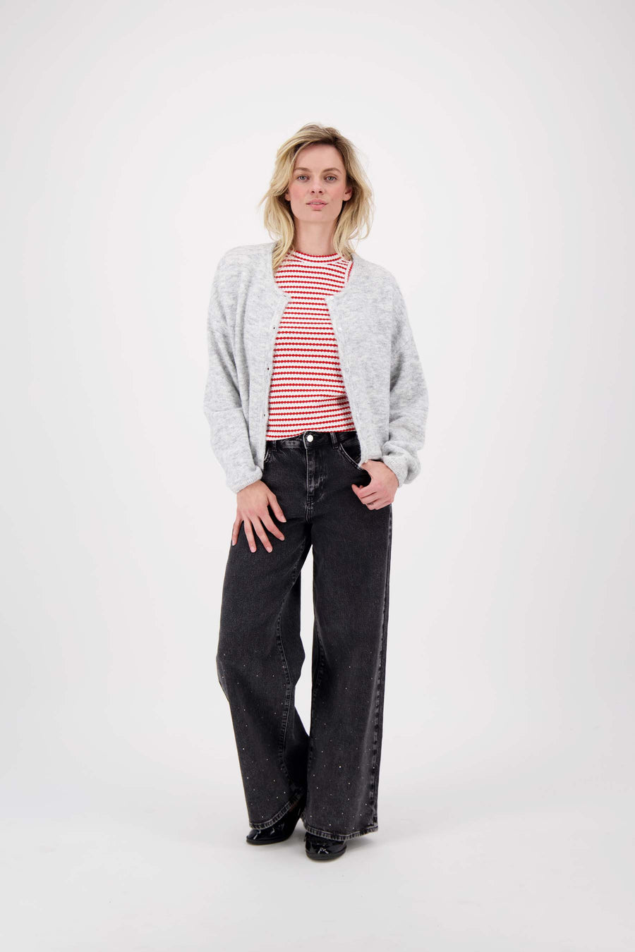 singlet met streep in structuur materiaal | off white / rood